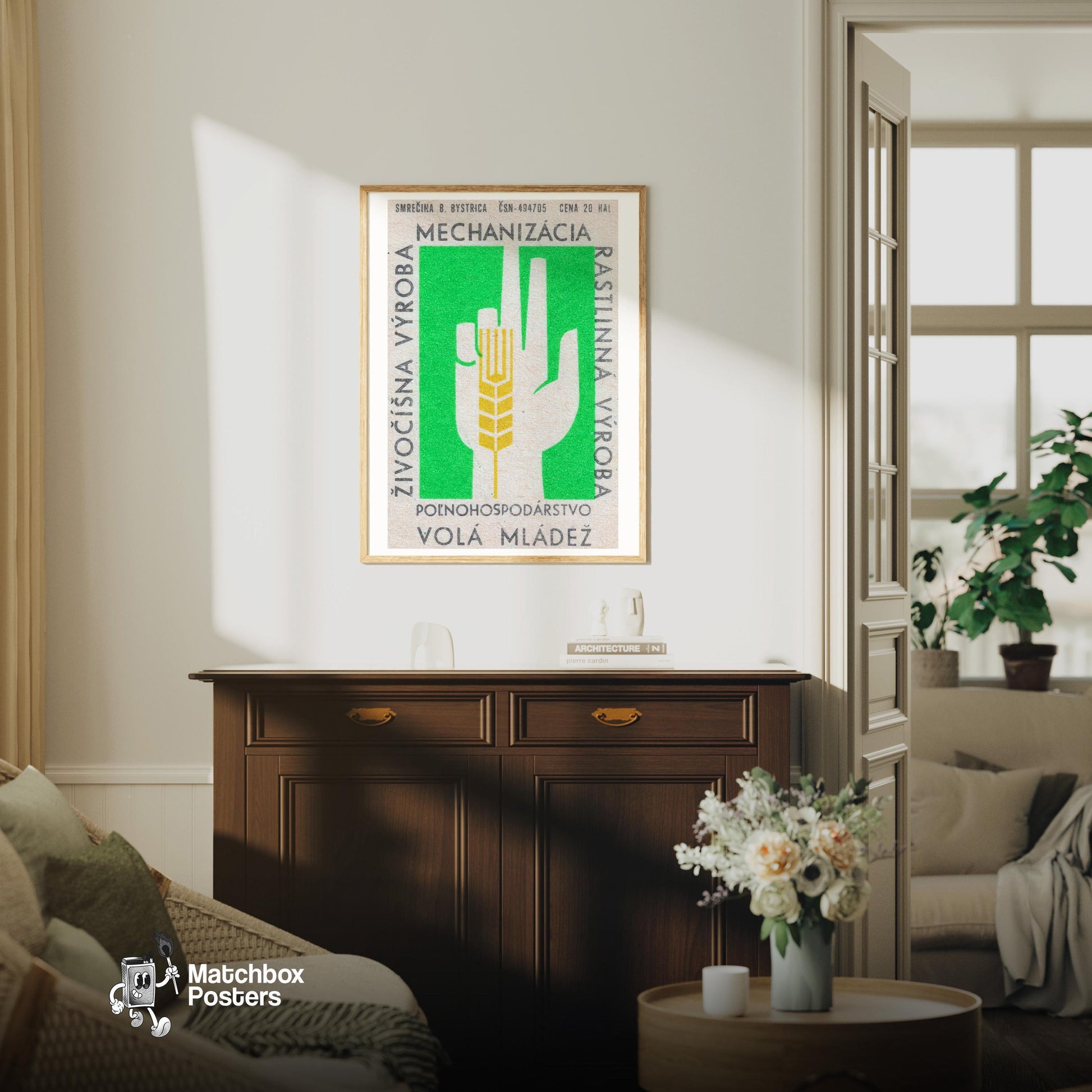 Wheat Stalk - vintage matchbox label print - living room mockup