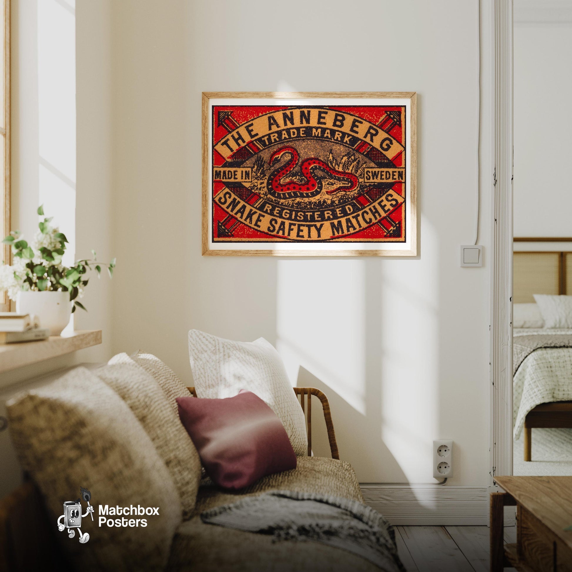 Red Snake - vintage matchbox label print - living room mockup