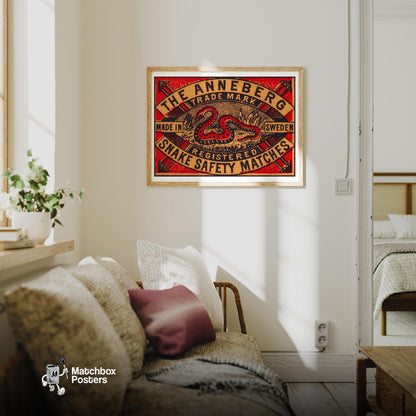 Red Snake - vintage matchbox label print - living room mockup