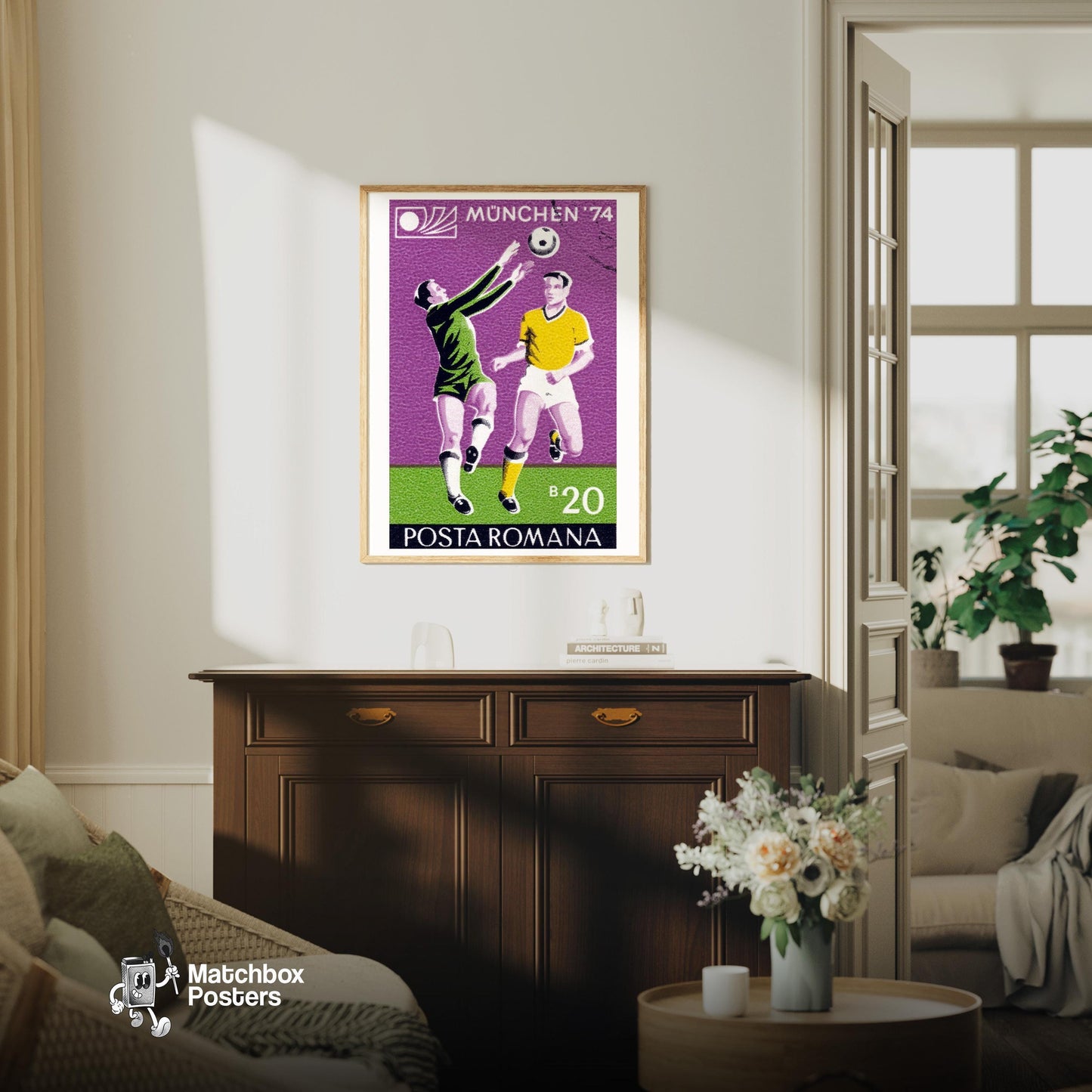 Football Players - vintage matchbox label print - living room mockup