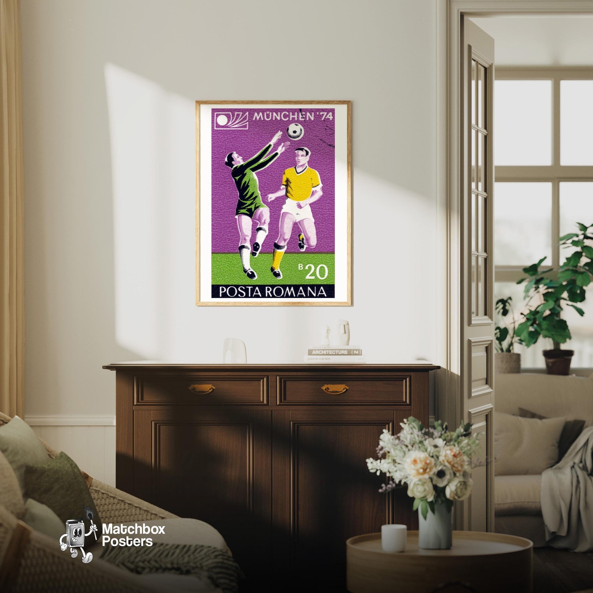 Football Players - vintage matchbox label print - living room mockup