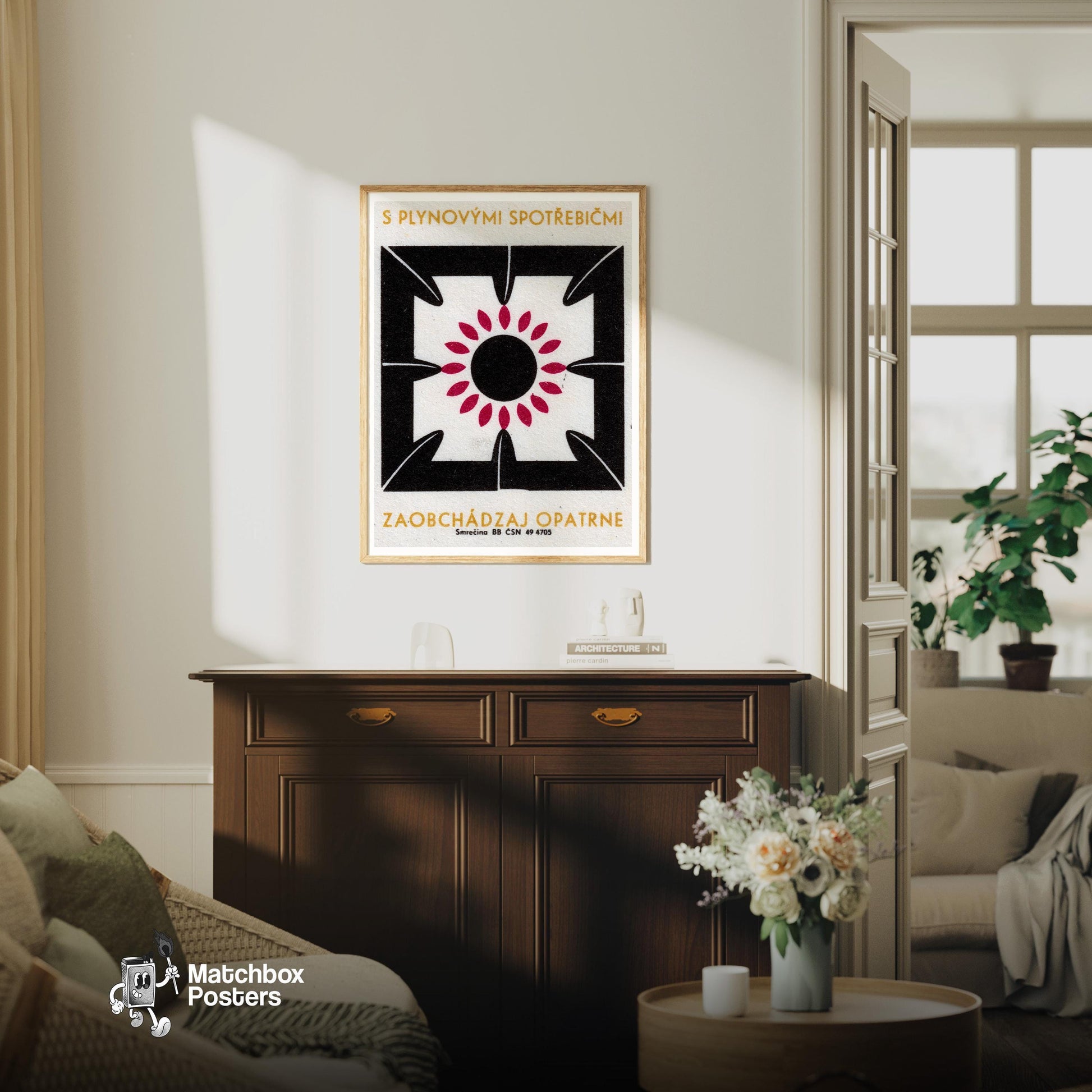 Keep Safe Around Gas - vintage matchbox label print - living room mockup