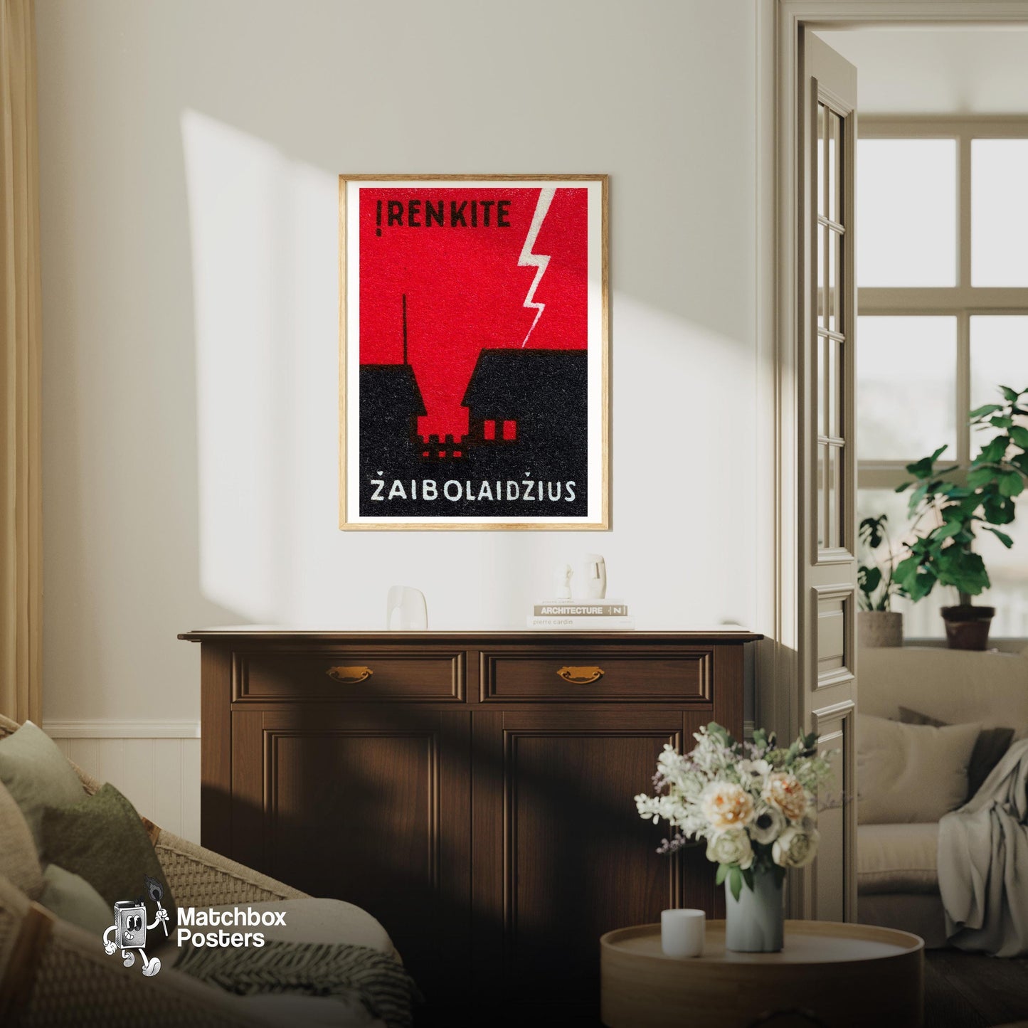 Lightning Bolt - vintage matchbox label print - living room mockup