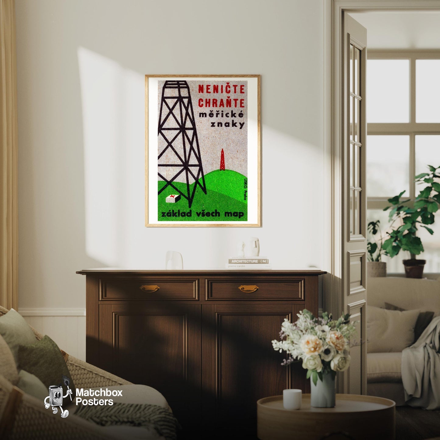 Electricity Pylon - vintage matchbox label print - living room mockup