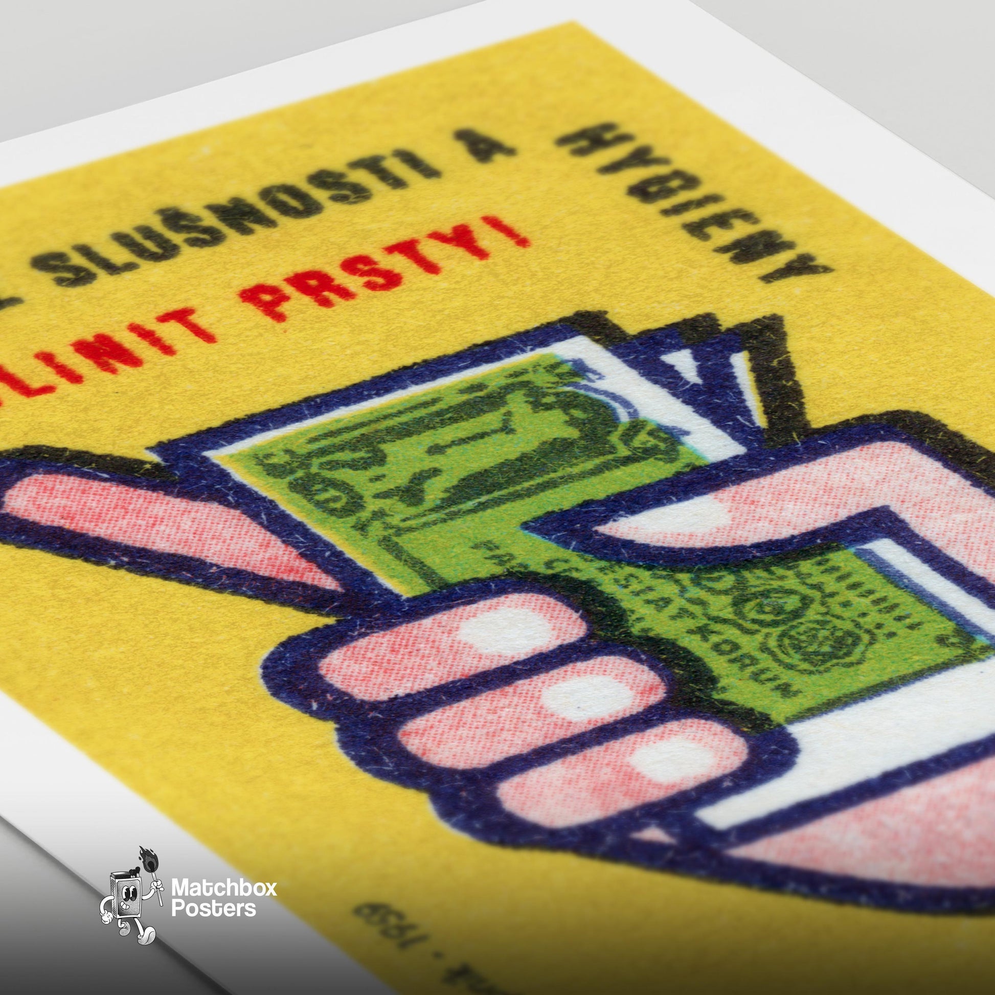 Hand Holding Money - vintage matchbox label print - close-up detail