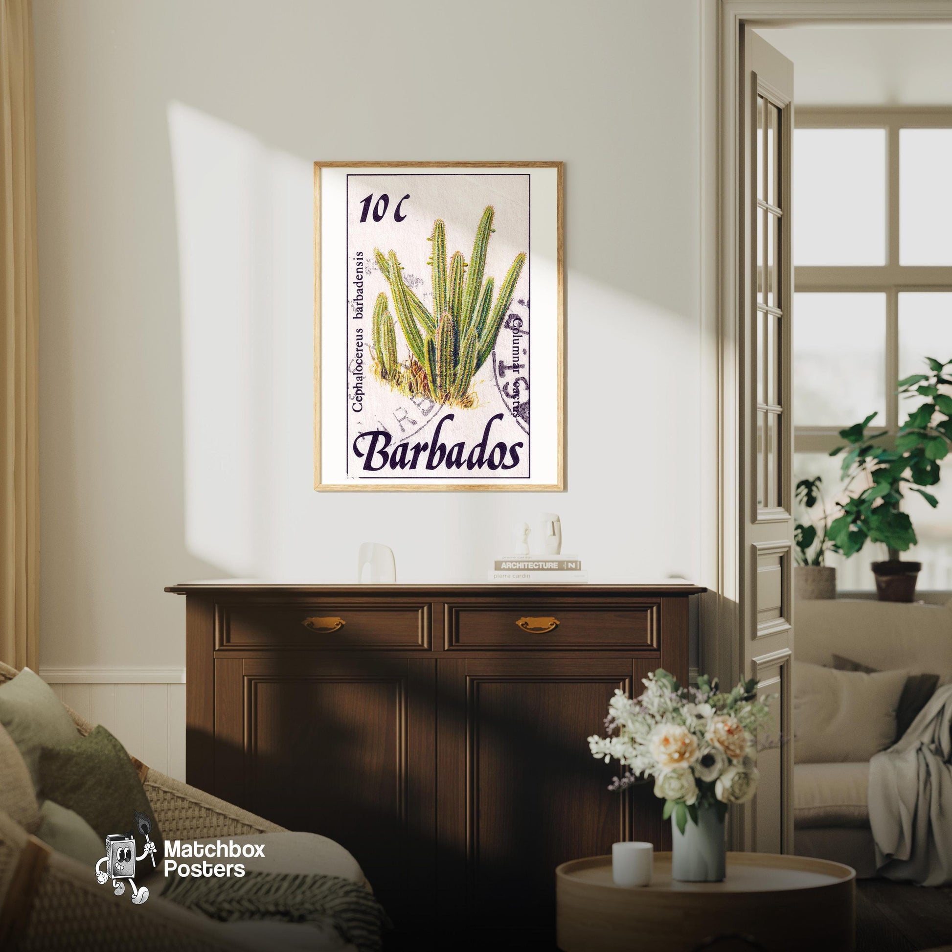 Cephalocereus Cactus - vintage matchbox label print - living room mockup