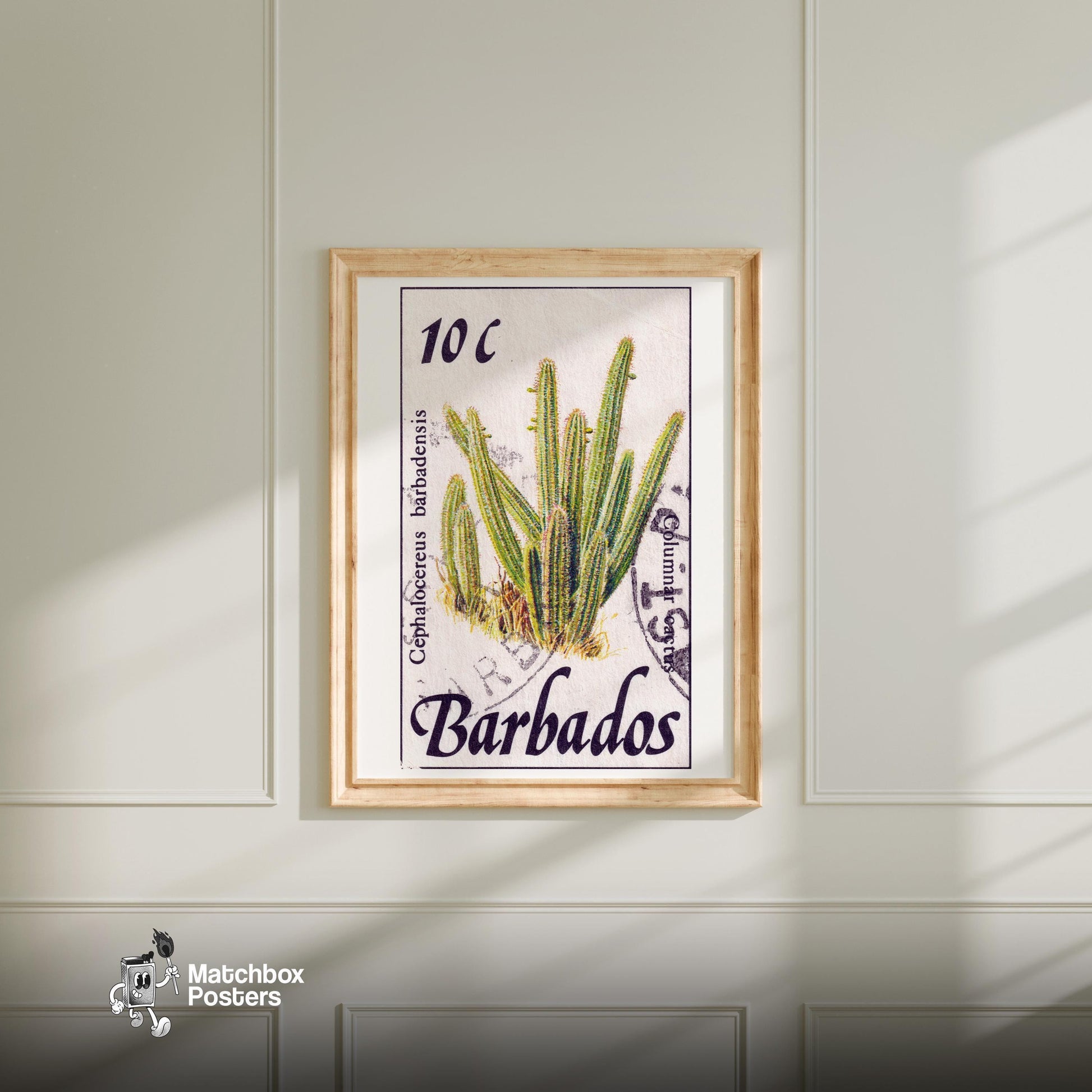 Cephalocereus Cactus - vintage matchbox label print - bedroom mockup