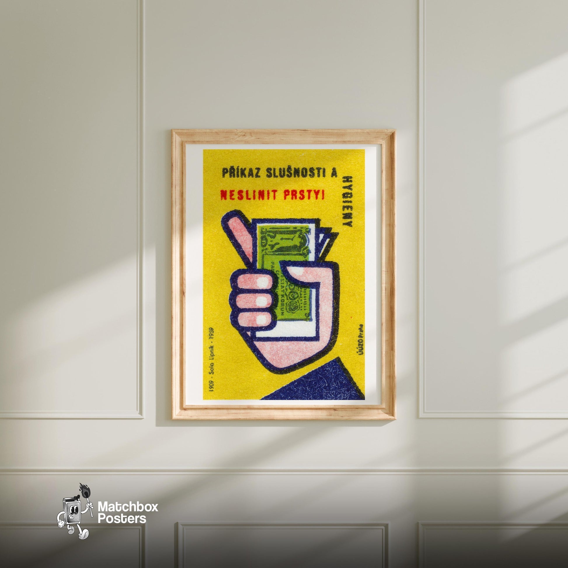 Hand Holding Money - vintage matchbox label print - bedroom mockup