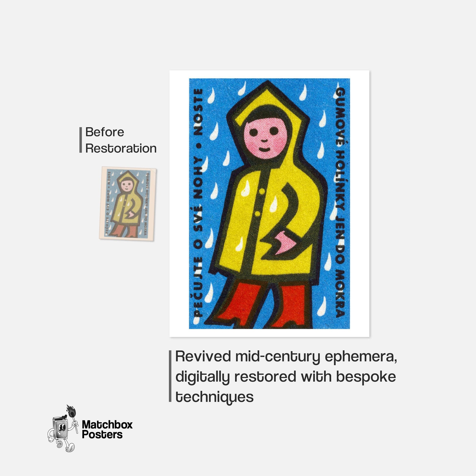 Person in Yellow Raincoat - vintage matchbox label print - framed wall art preview