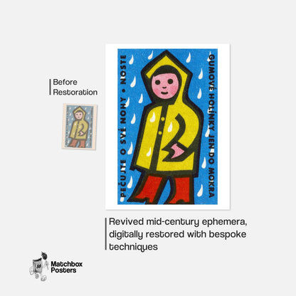 Person in Yellow Raincoat - vintage matchbox label print - framed wall art preview