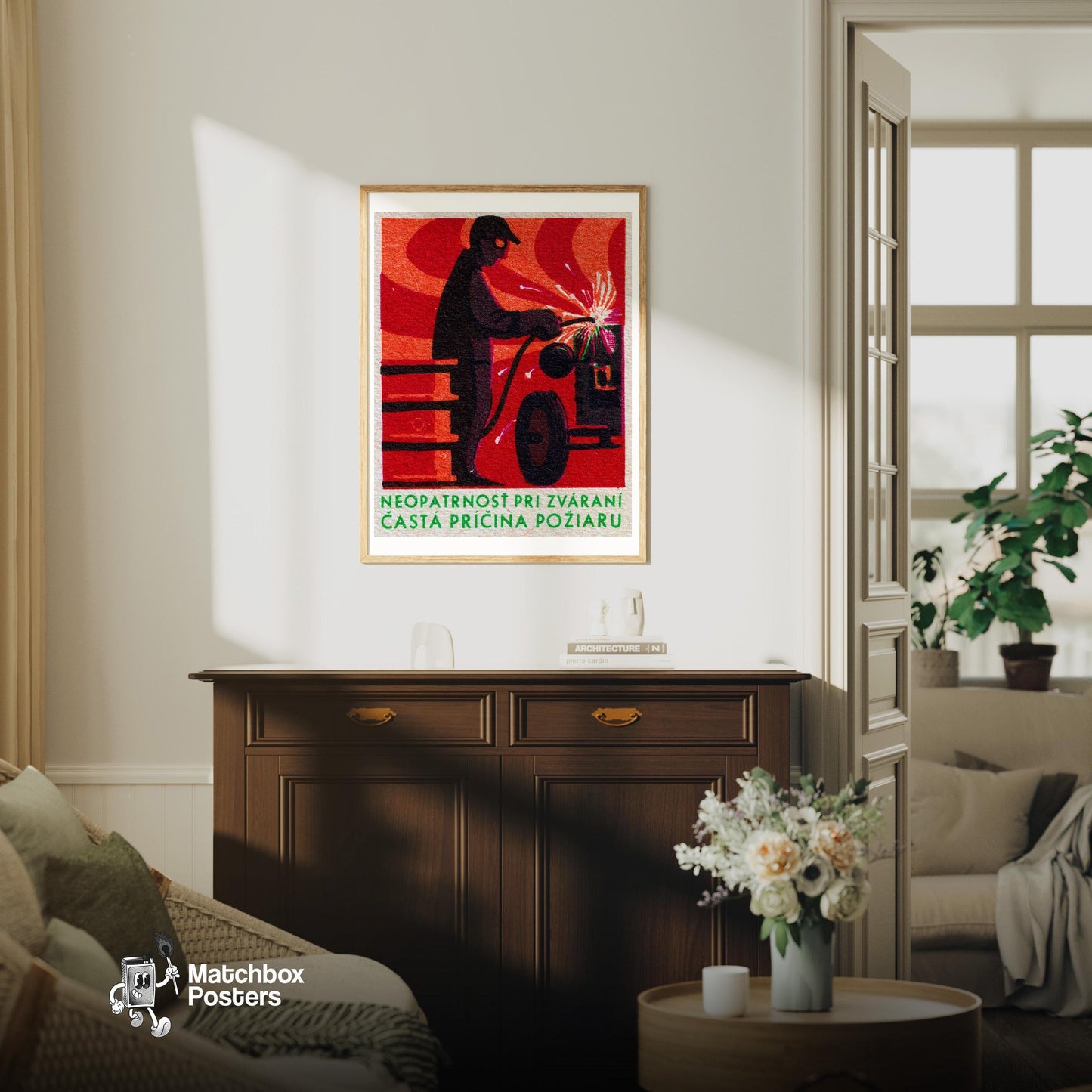 Silhouette Of A Welder - vintage matchbox label print - living room mockup