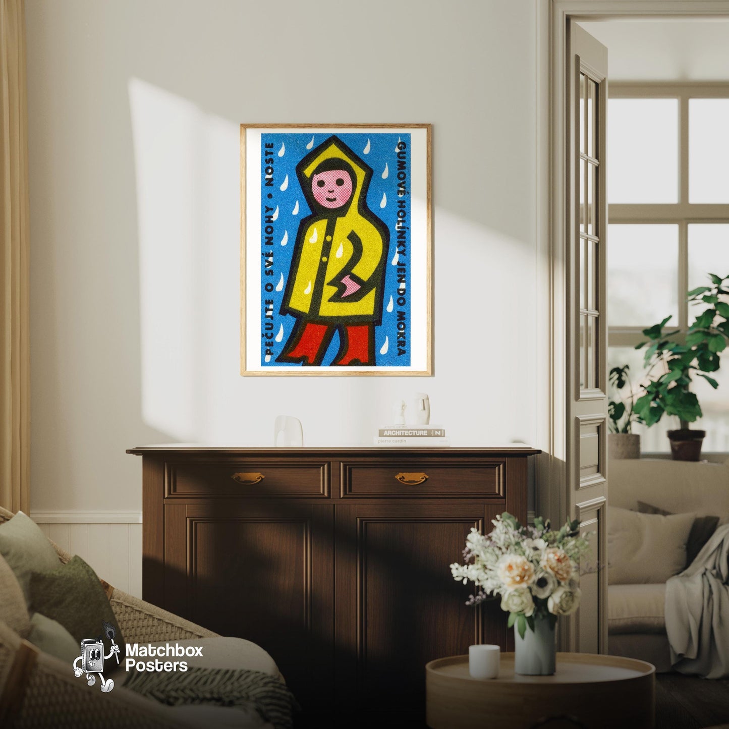 Person in Yellow Raincoat - vintage matchbox label print - living room mockup