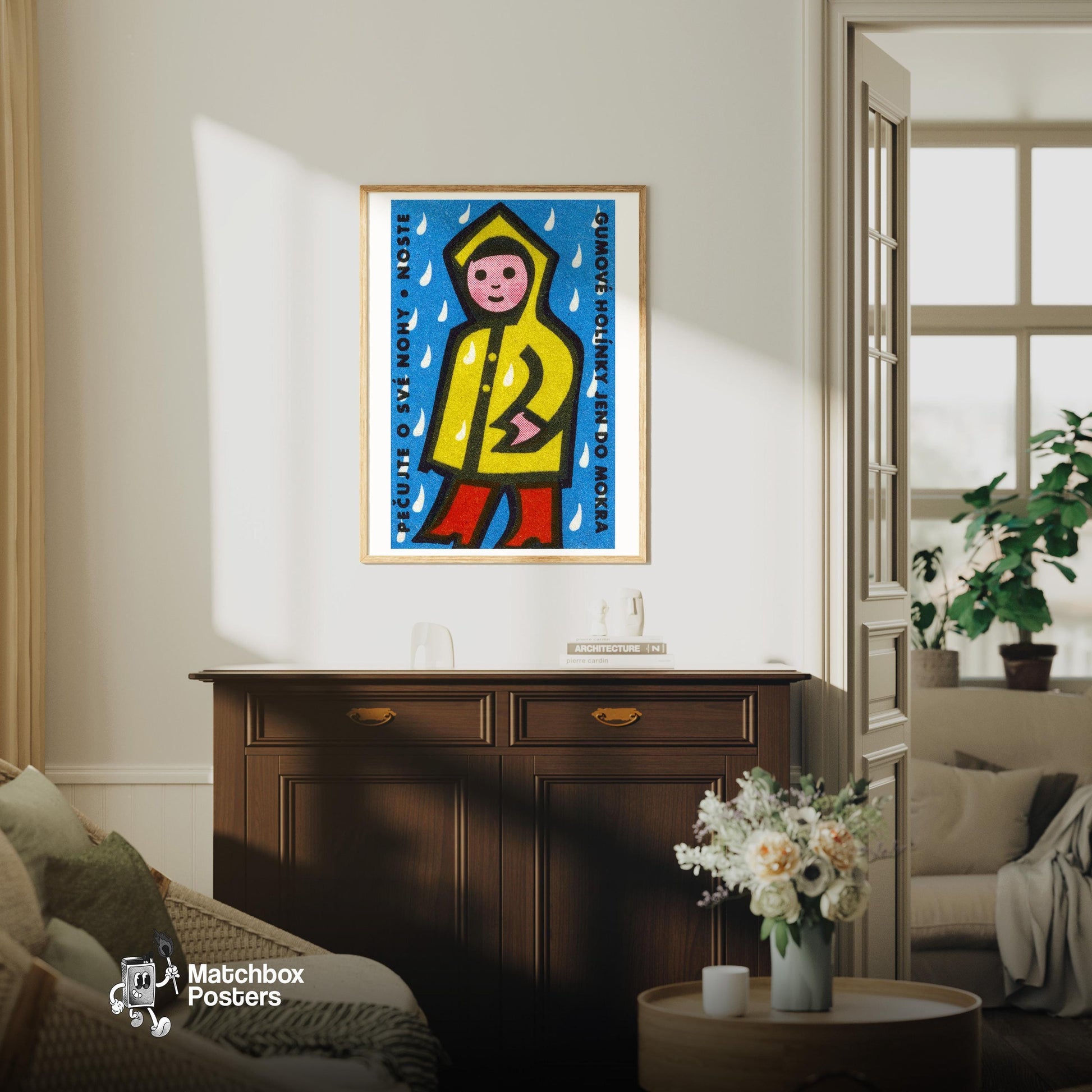 Person in Yellow Raincoat - vintage matchbox label print - living room mockup