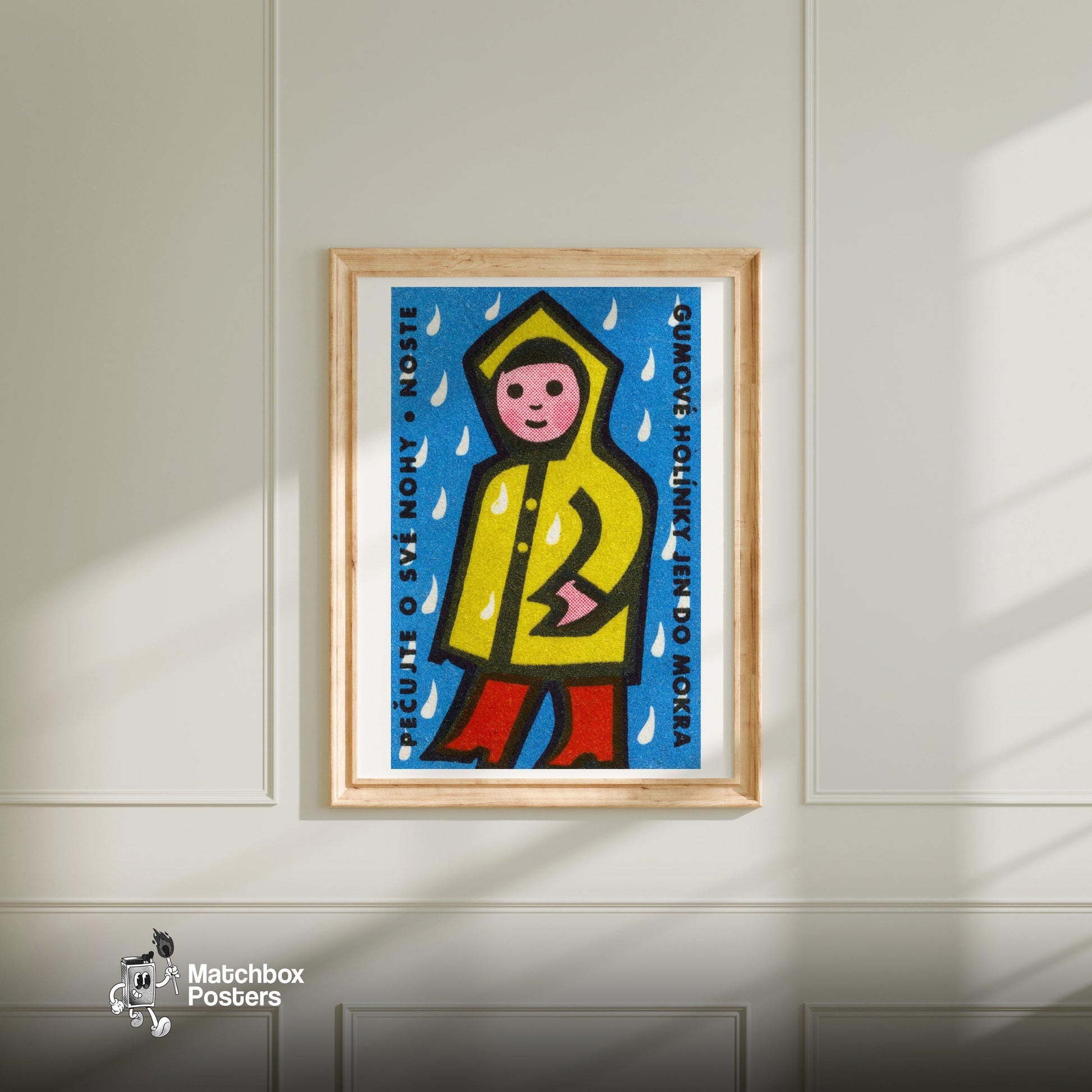 Person in Yellow Raincoat - vintage matchbox label print - bedroom mockup