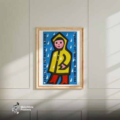 Person in Yellow Raincoat - vintage matchbox label print - bedroom mockup