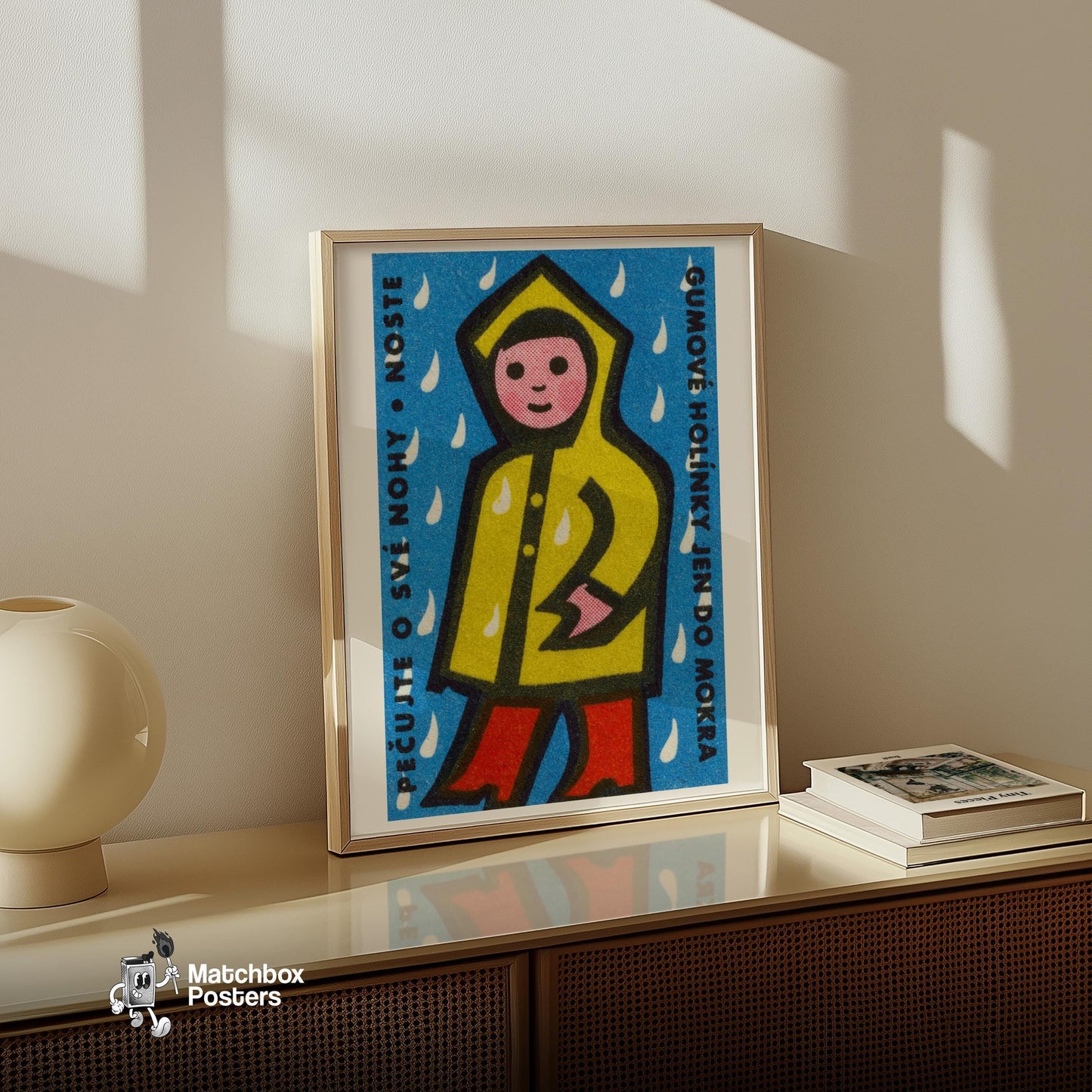Person in Yellow Raincoat - vintage matchbox label print - size comparison