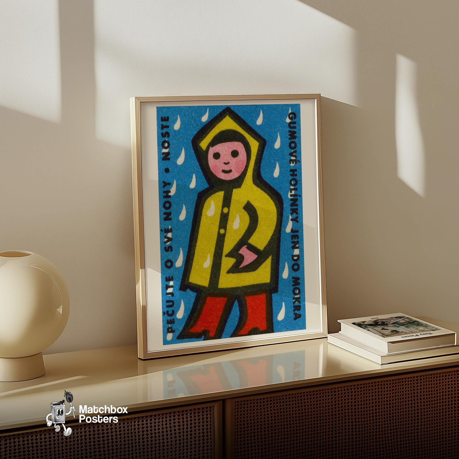 Person in Yellow Raincoat - vintage matchbox label print - size comparison