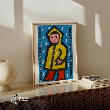 Person in Yellow Raincoat - vintage matchbox label print - size comparison