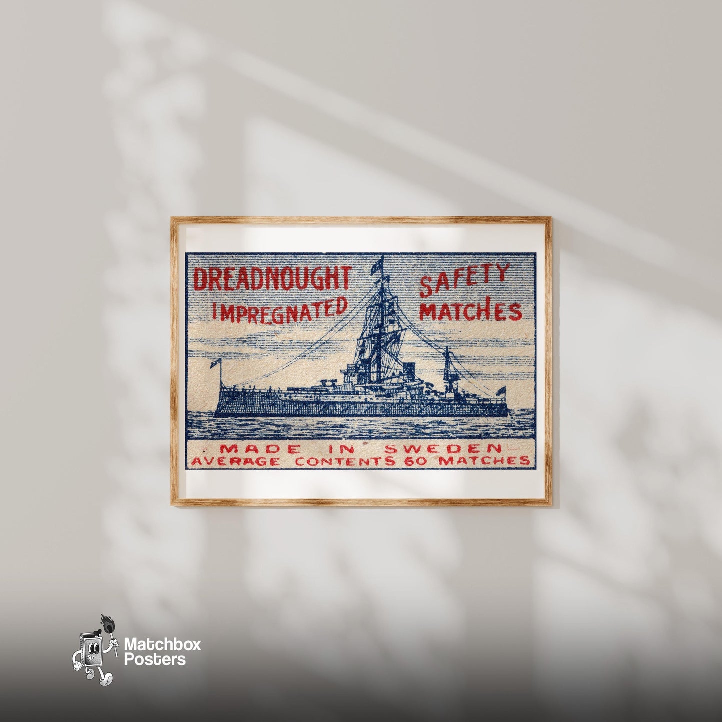Dreadnought Ship - vintage matchbox label print - bedroom mockup