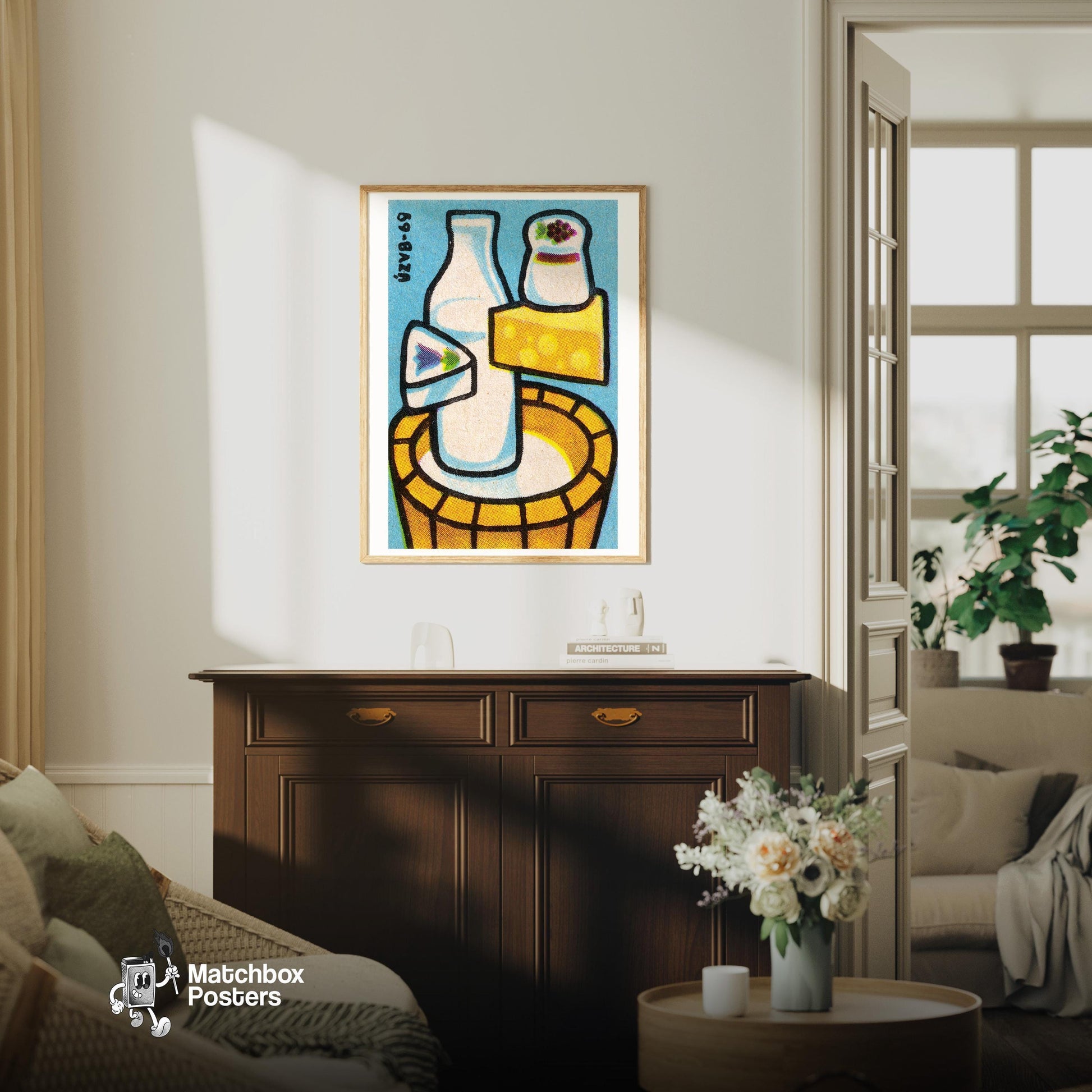 Milk and Cheese - vintage matchbox label print - living room mockup