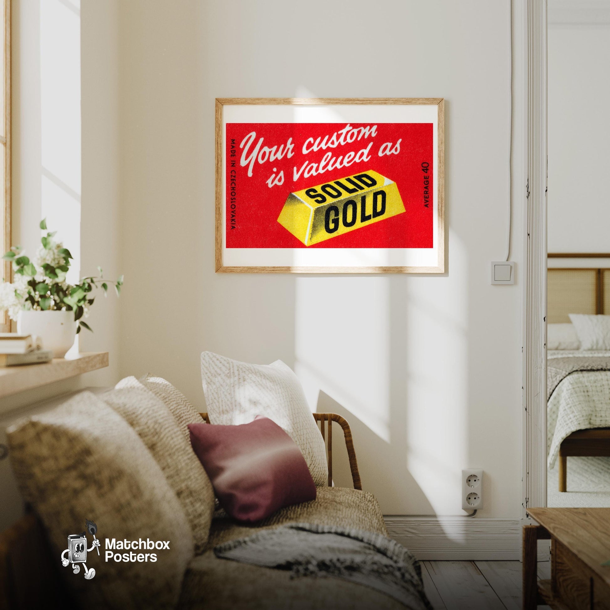 Gold Bar - vintage matchbox label print - living room mockup