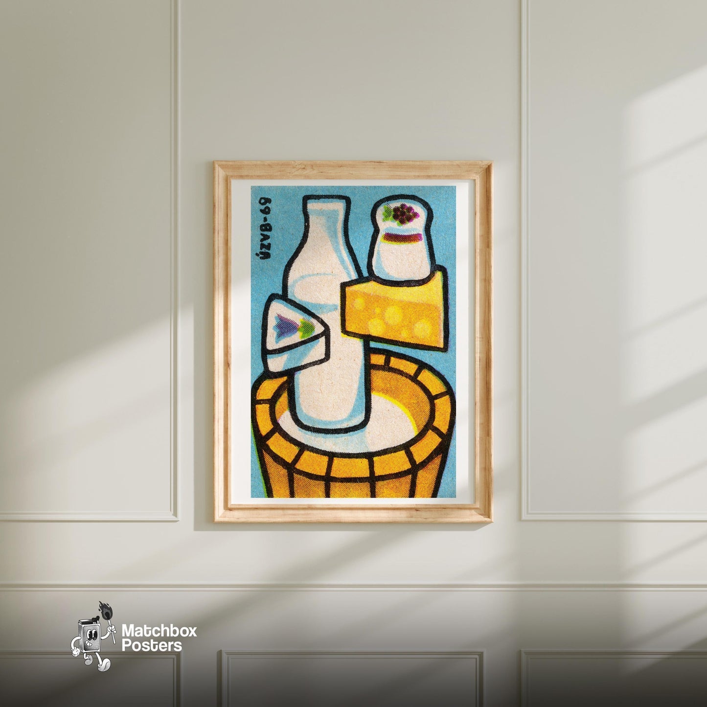 Milk and Cheese - vintage matchbox label print - bedroom mockup
