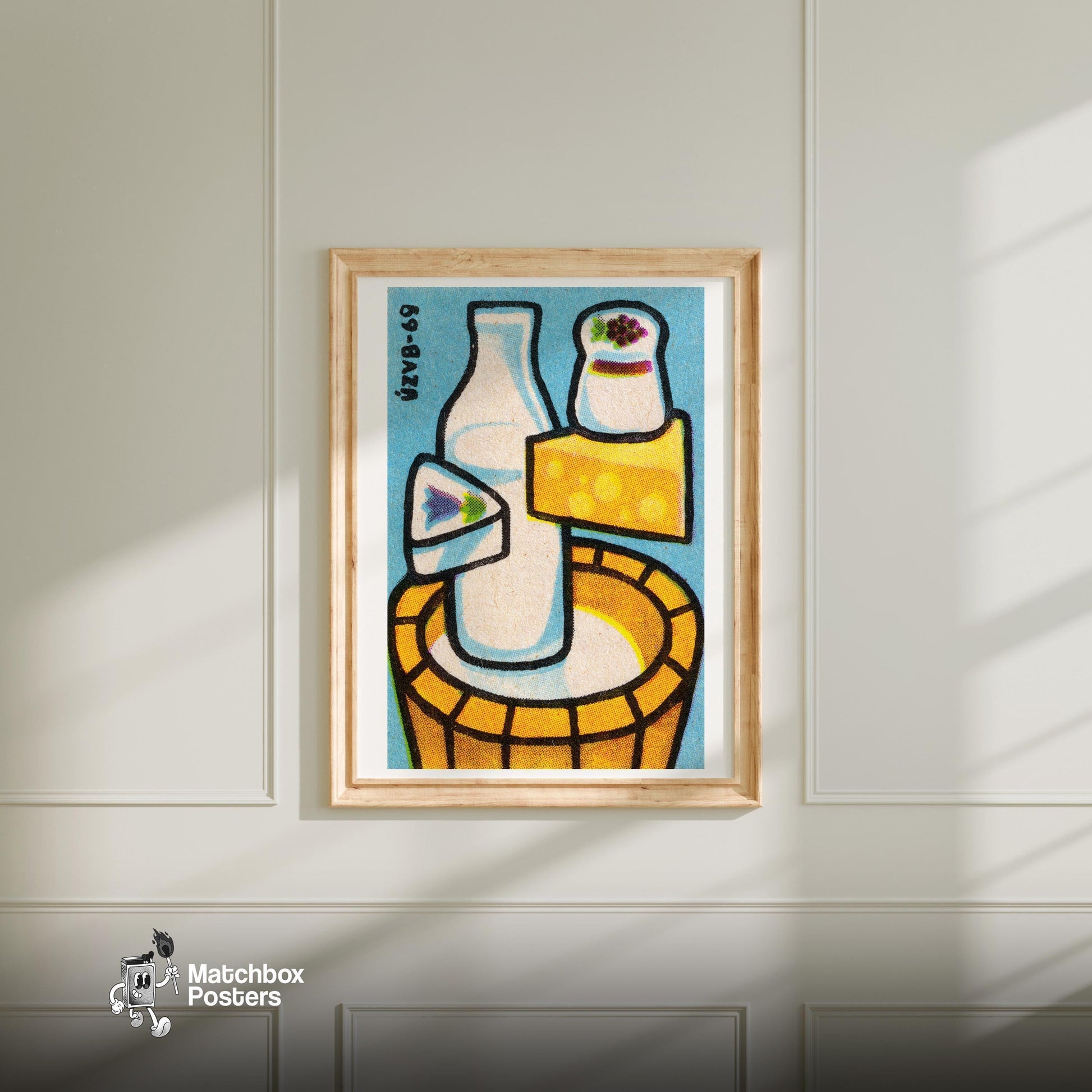 Milk and Cheese - vintage matchbox label print - bedroom mockup