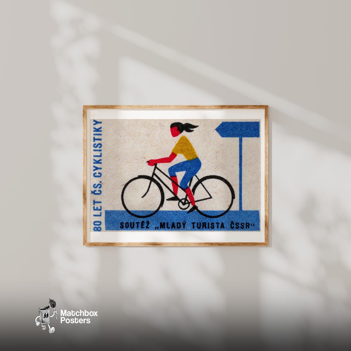Cyclist - vintage matchbox label print - bedroom mockup