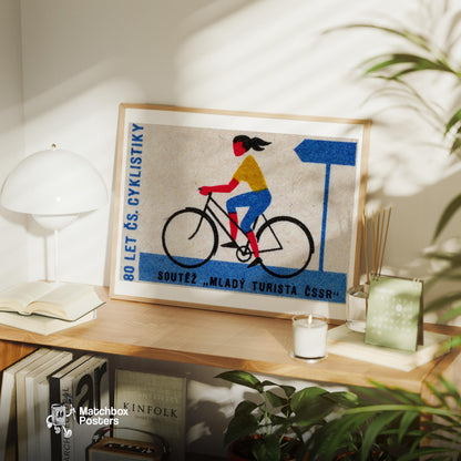 Cyclist - vintage matchbox label print - office wall