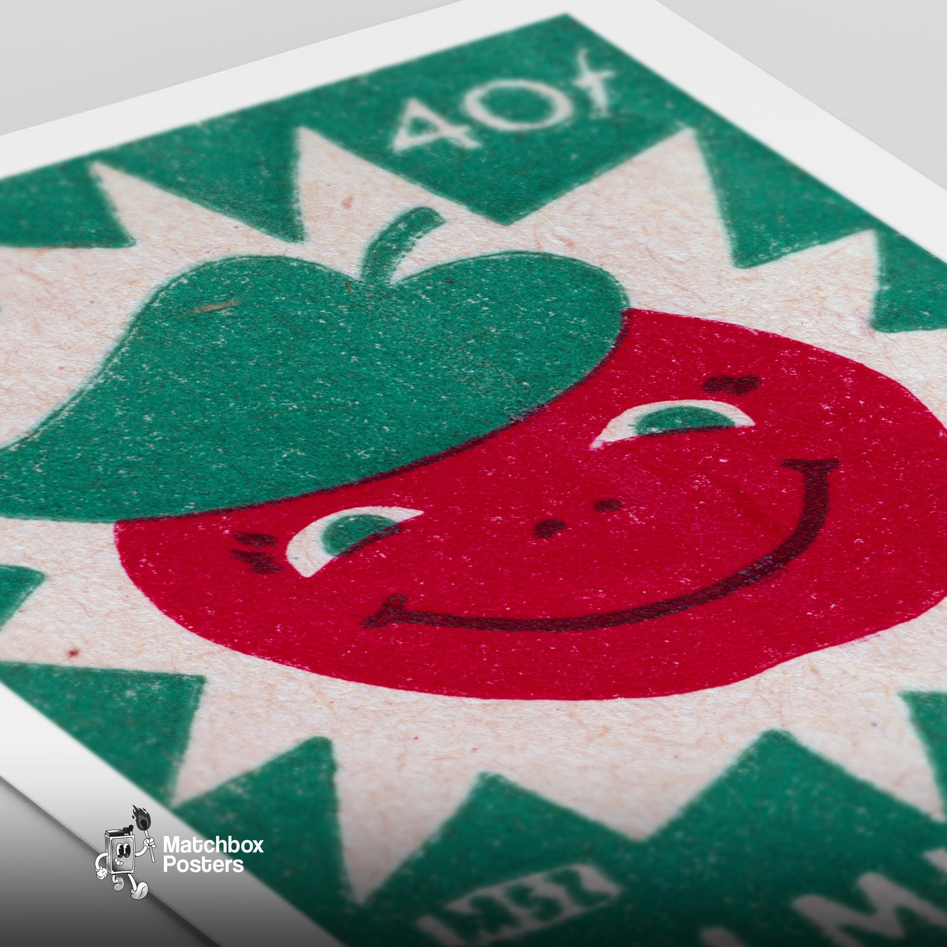 Smiling Red Apple - vintage matchbox label print - close-up detail