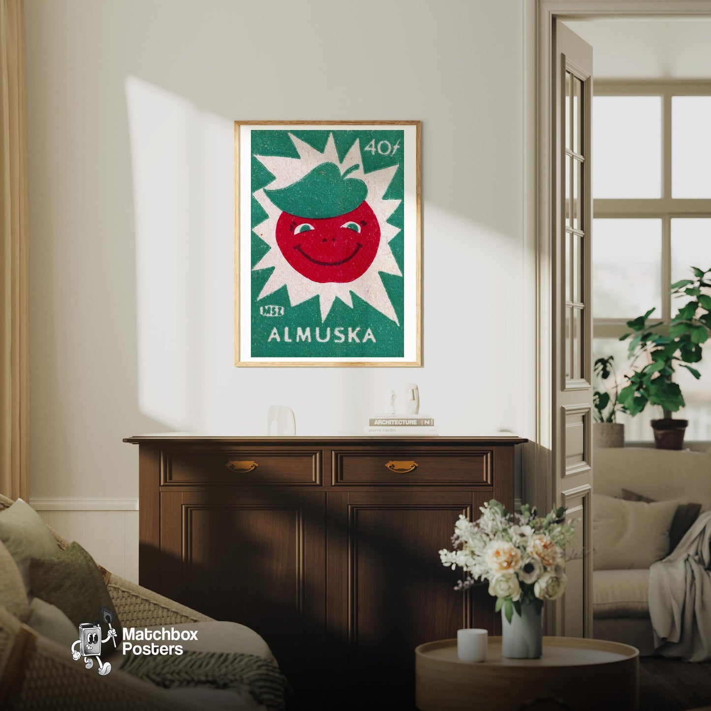 Smiling Red Apple - vintage matchbox label print - living room mockup