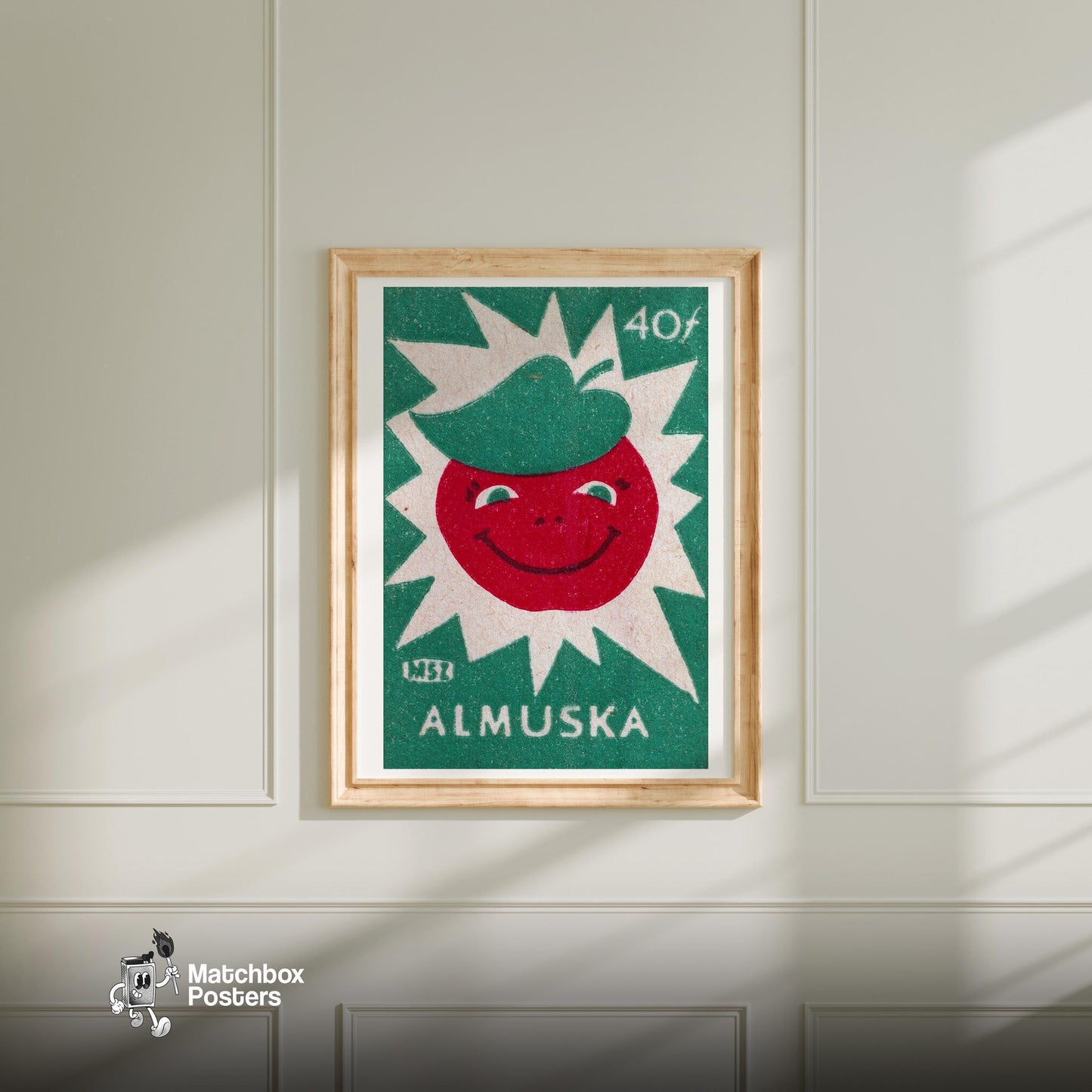 Smiling Red Apple - vintage matchbox label print - bedroom mockup