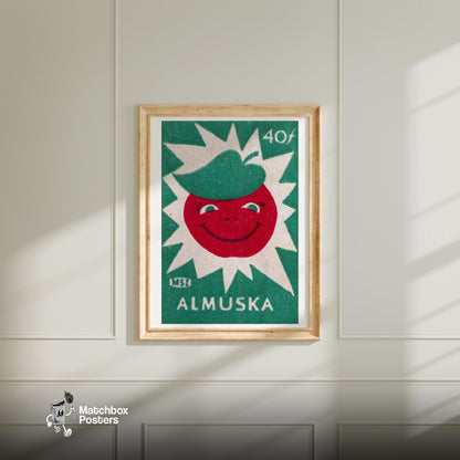 Smiling Red Apple - vintage matchbox label print - bedroom mockup