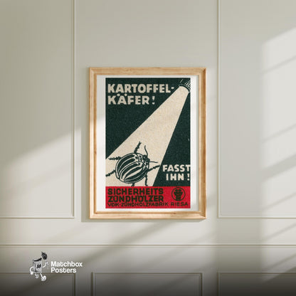 Illustration Of A Beetle Under A Spotlight - vintage matchbox label print - bedroom mockup