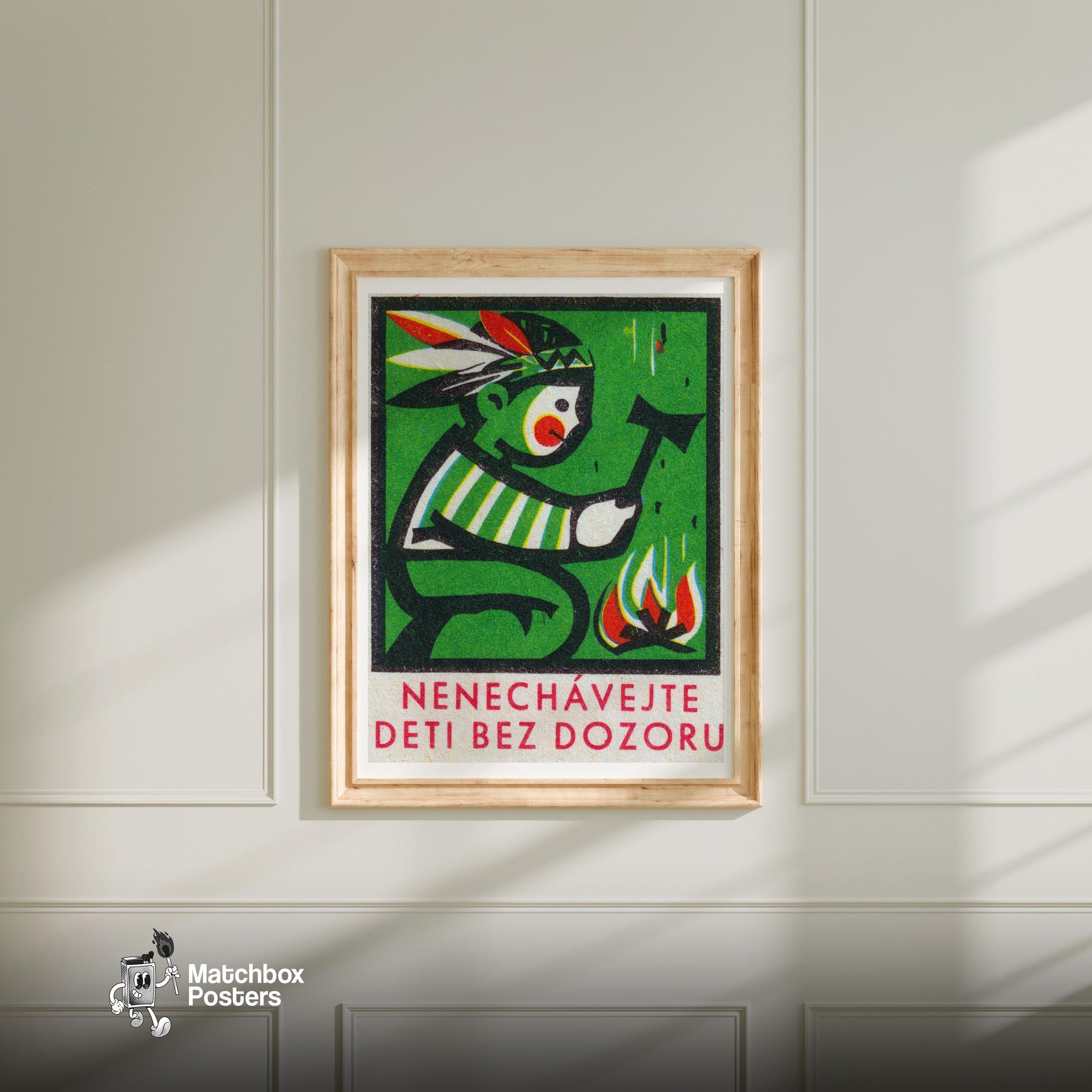 Indian Boy with Axe - vintage matchbox label print - bedroom mockup