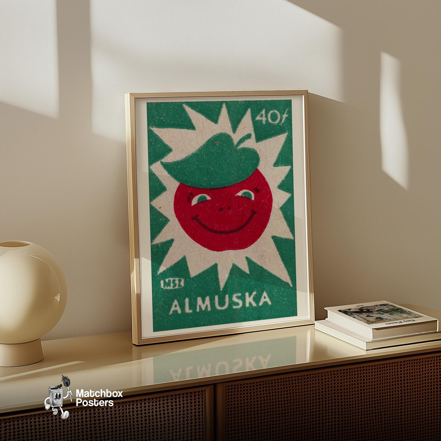 Smiling Red Apple - vintage matchbox label print - size comparison