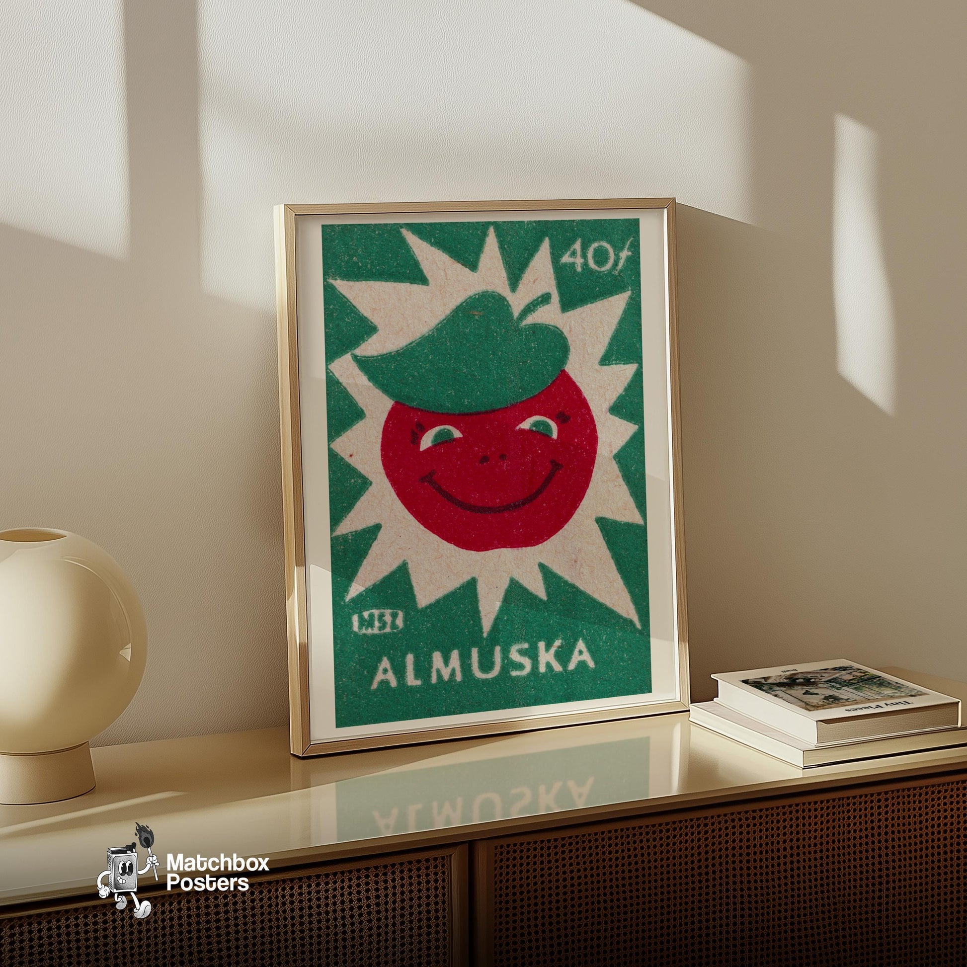 Smiling Red Apple - vintage matchbox label print - size comparison