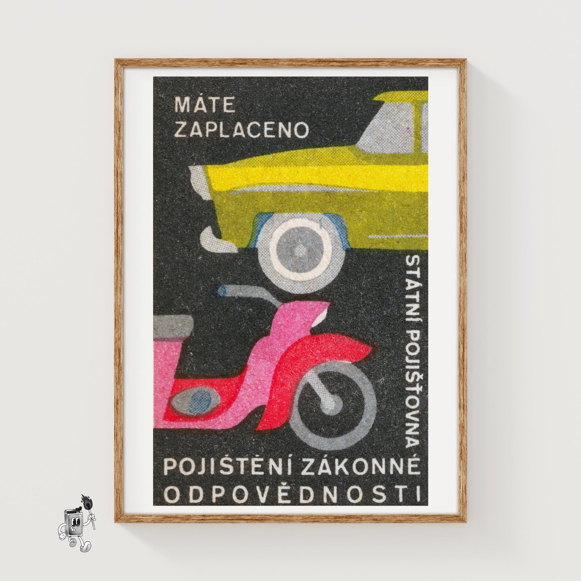 Pink Motorcycle Yellow Car - vintage matchbox label print