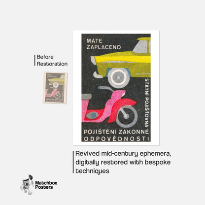Pink Motorcycle Yellow Car - vintage matchbox label print - framed wall art preview