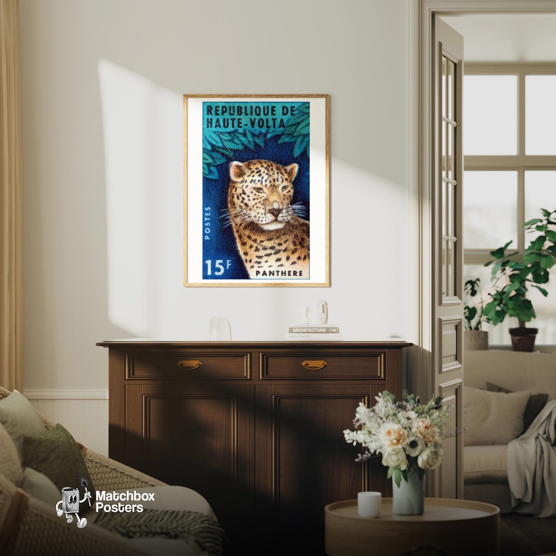 Leopard Republique de Haute-Volta - vintage matchbox label print - living room mockup