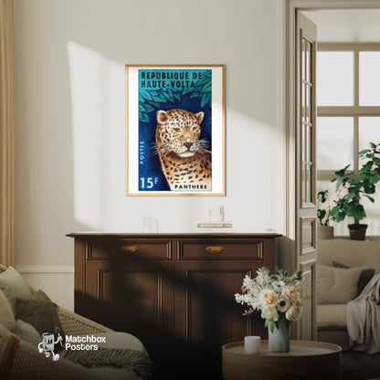 Leopard Republique de Haute-Volta - vintage matchbox label print - living room mockup