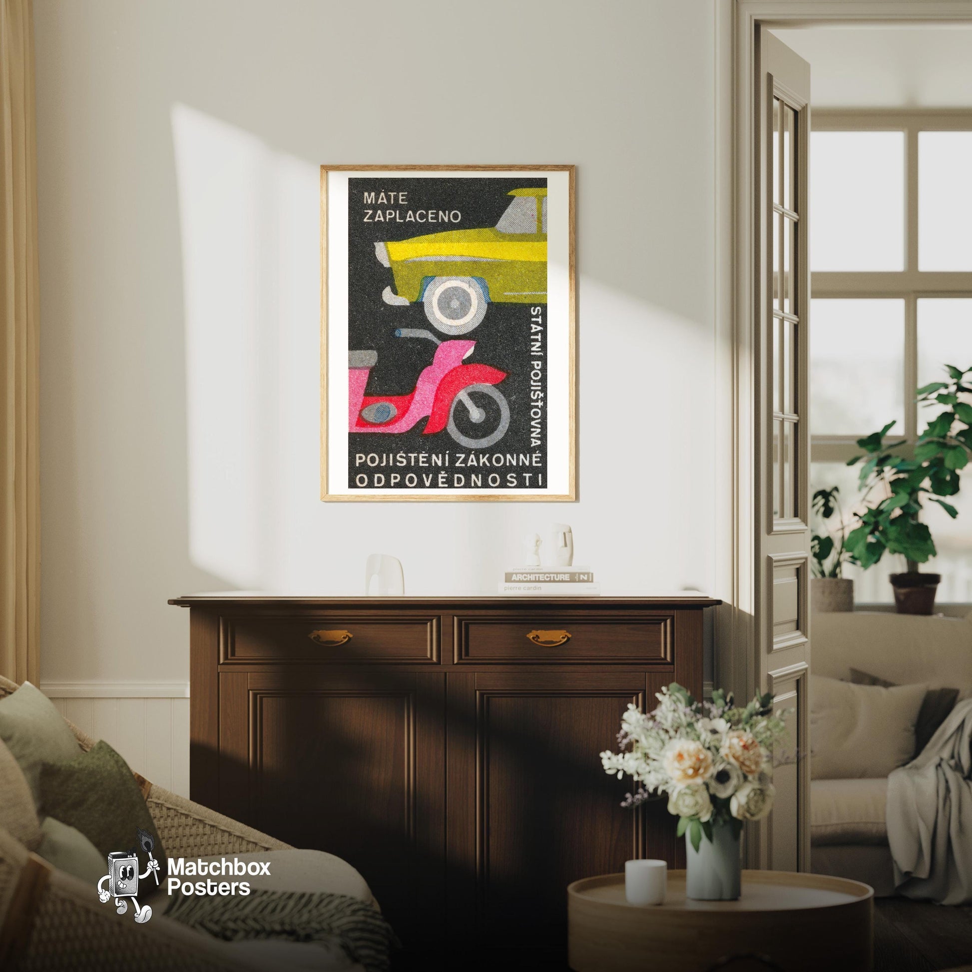 Pink Motorcycle Yellow Car - vintage matchbox label print - living room mockup