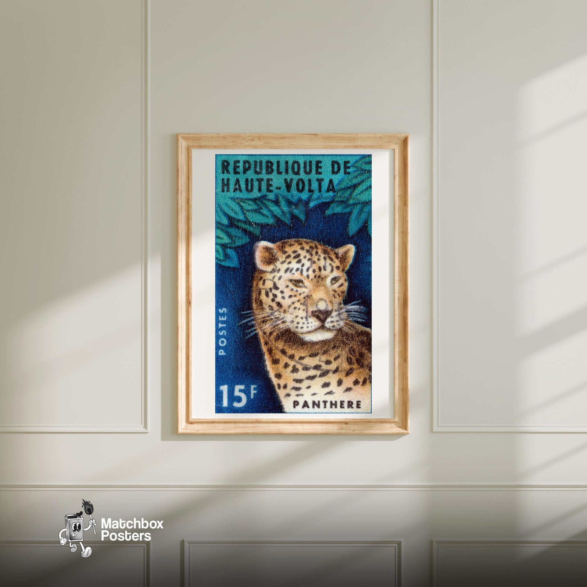 Leopard Republique de Haute-Volta - vintage matchbox label print - bedroom mockup