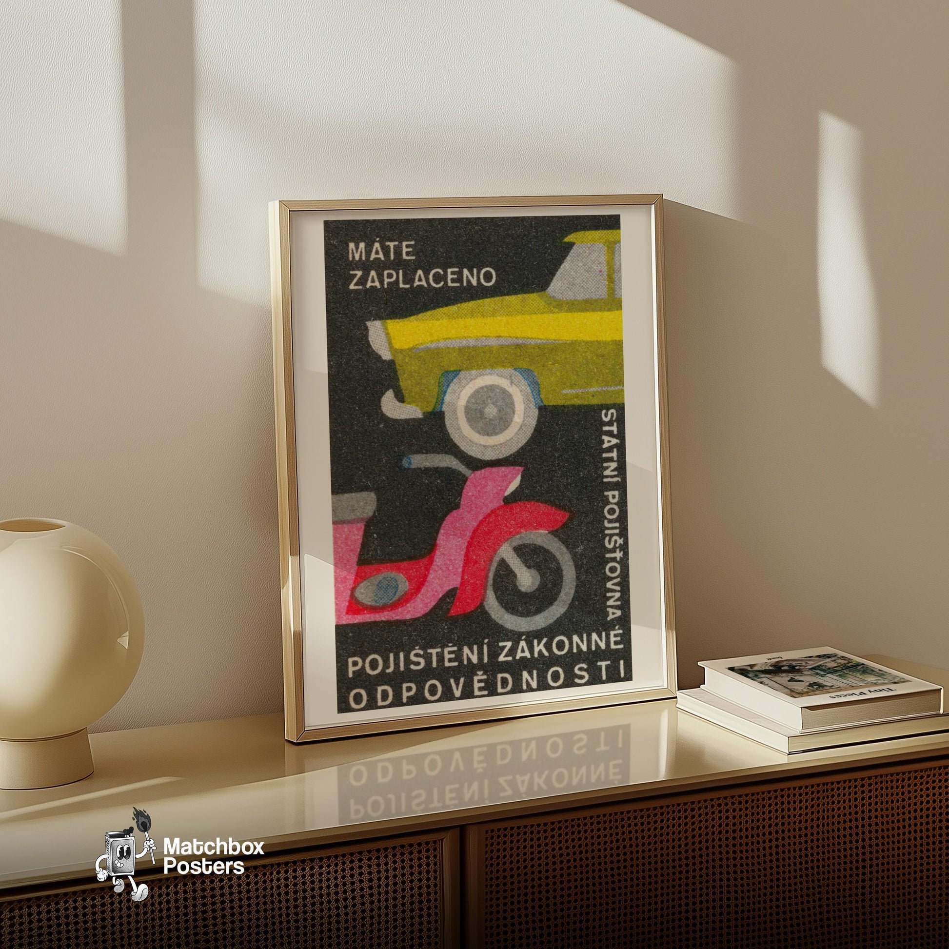Pink Motorcycle Yellow Car - vintage matchbox label print - size comparison