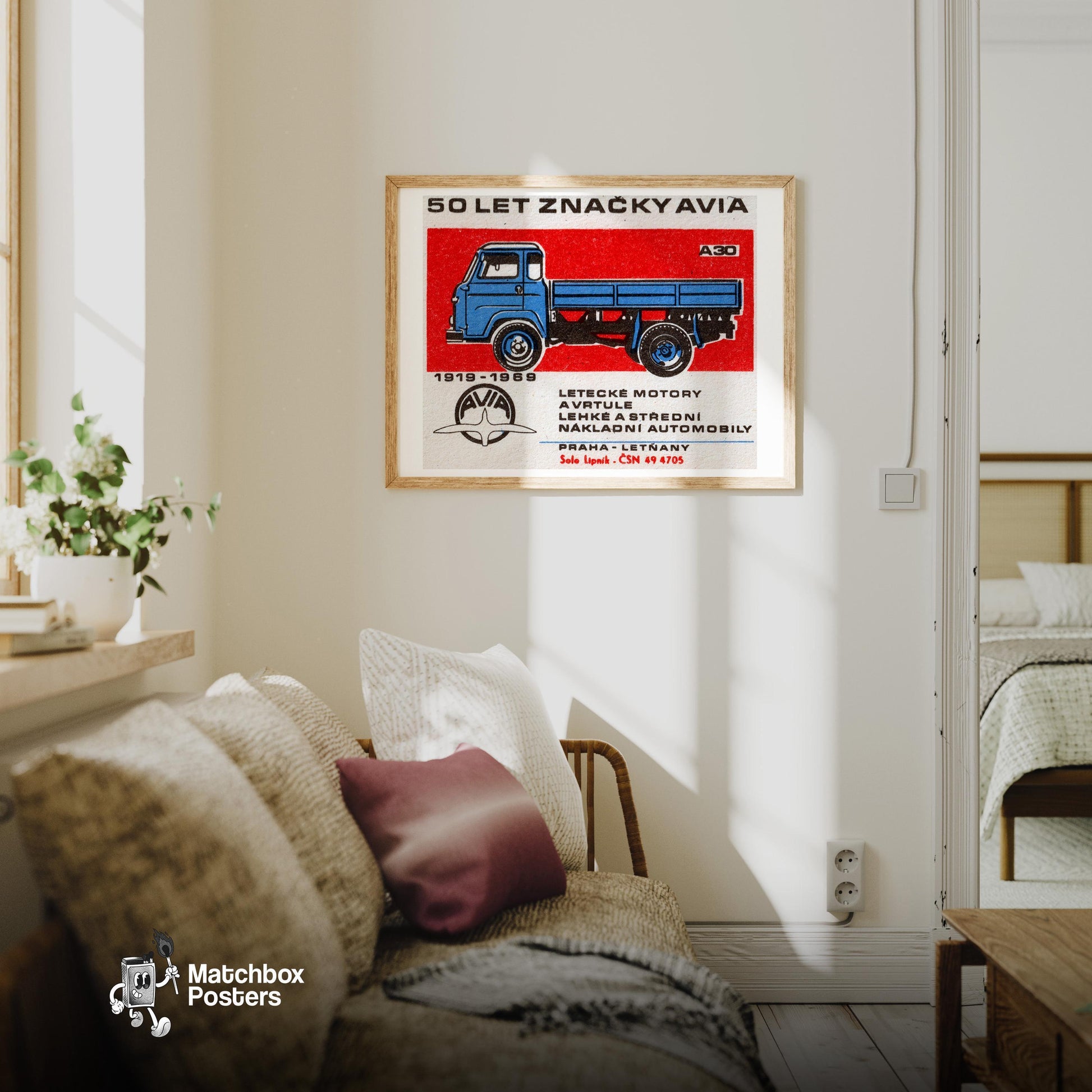 Blue Truck - vintage matchbox label print - living room mockup