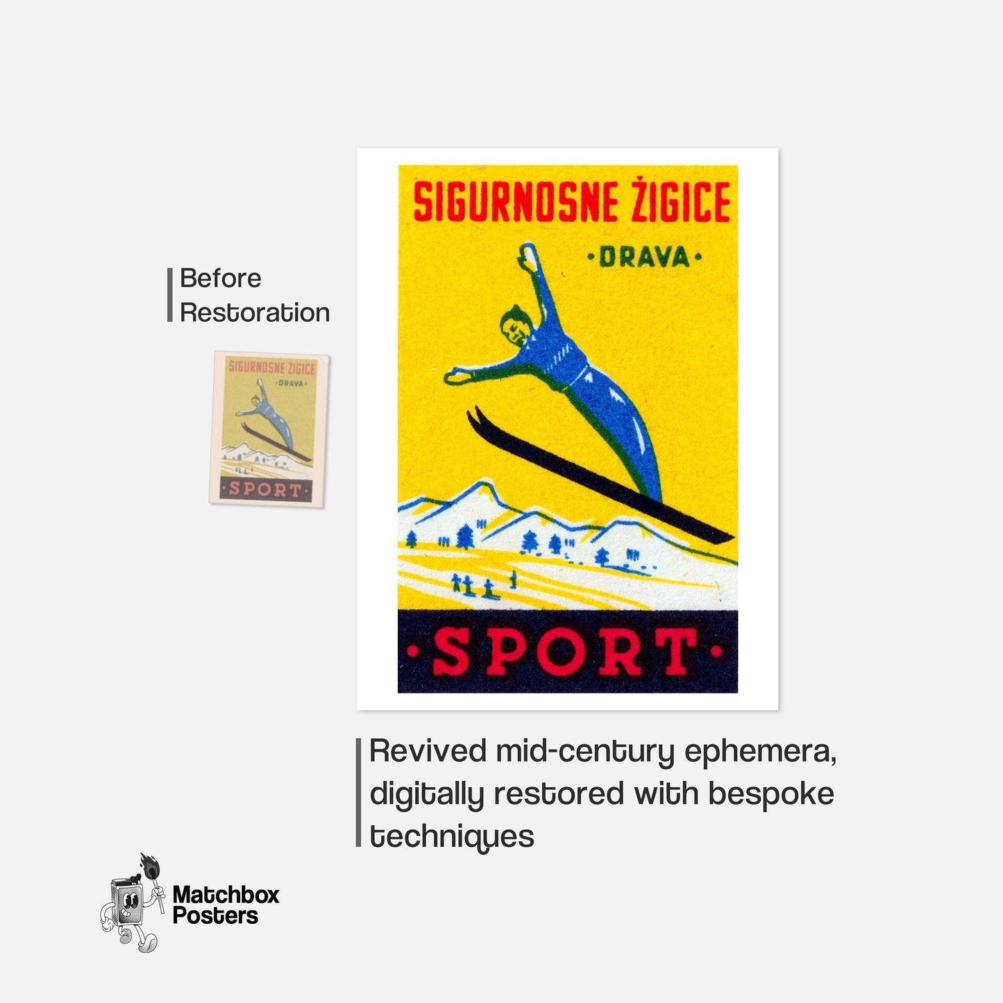 Ski Jumper - vintage matchbox label print - framed wall art preview