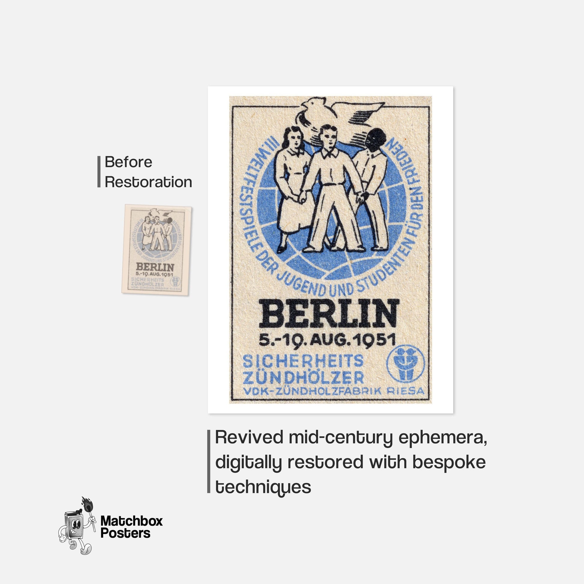 Three People Holding Hands - vintage matchbox label print - framed wall art preview
