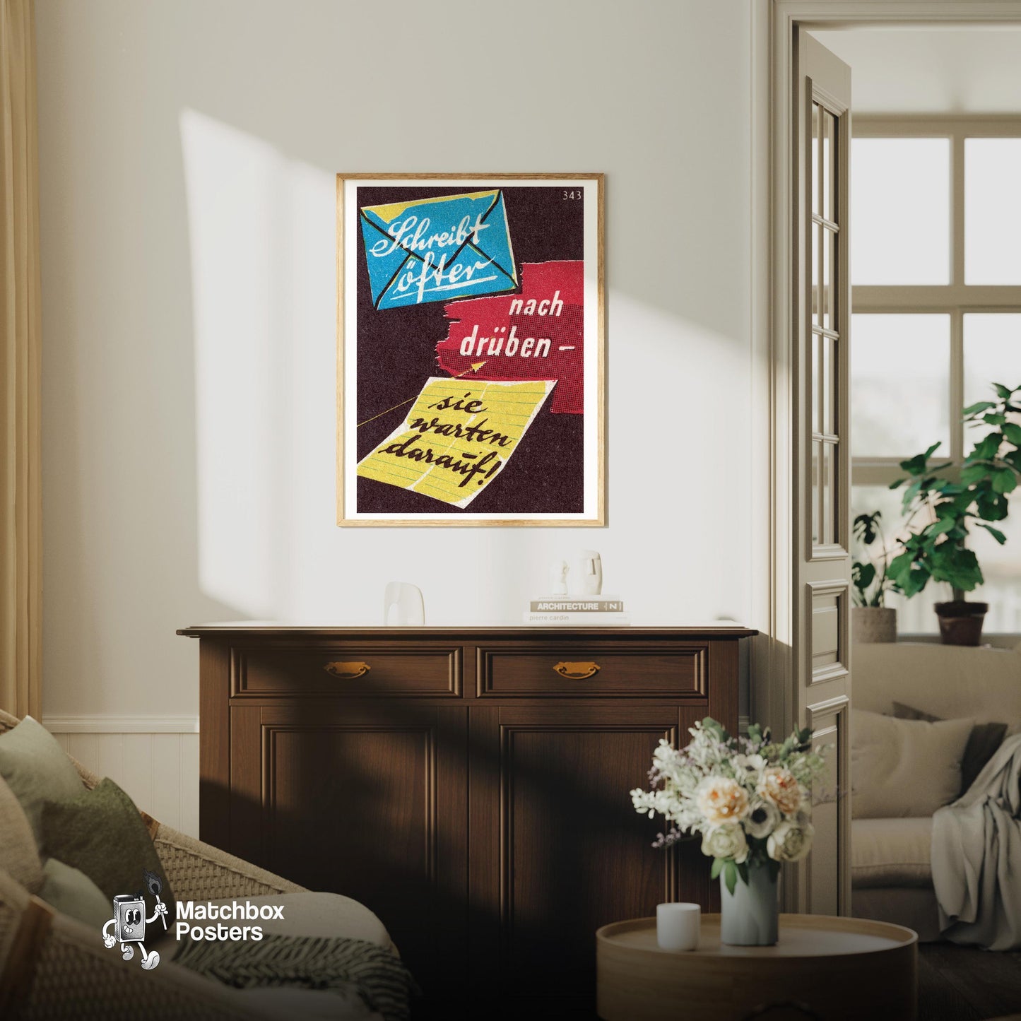 Envelope and Letter - vintage matchbox label print - living room mockup