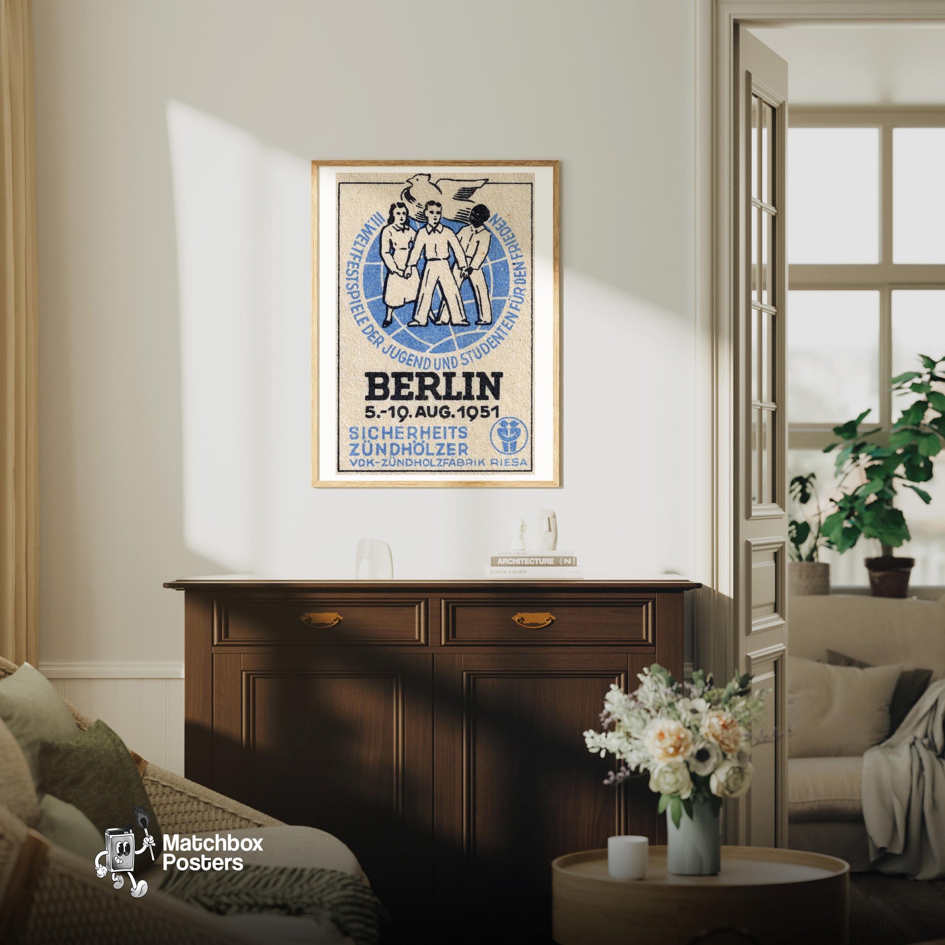 Three People Holding Hands - vintage matchbox label print - living room mockup