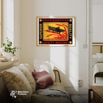 Grasshopper - vintage matchbox label print - living room mockup